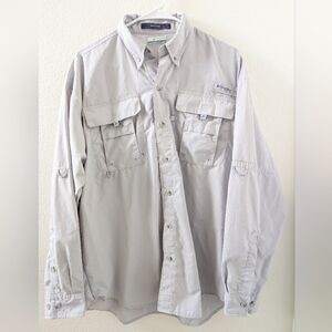 Columbia Bahama PFG Fishing Shirt Medium Gray Button Front Nylon Vented